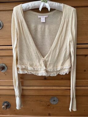Rebecca Taylor Cream Lightweight Ruffle-Trim Cardigan